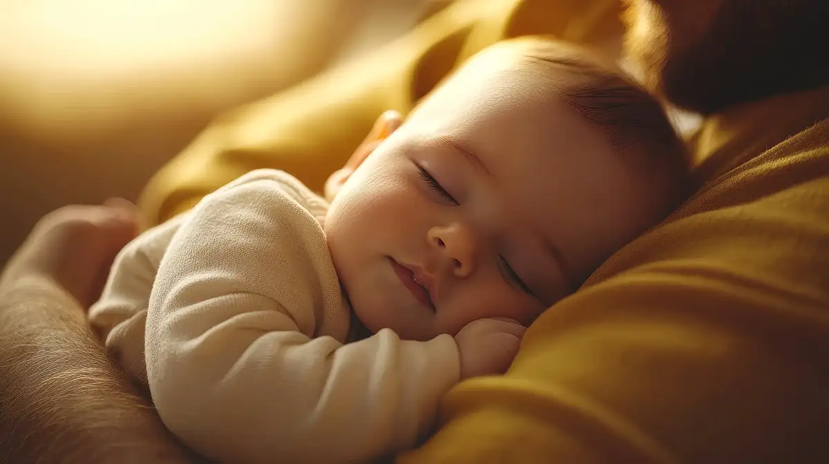 Barn sover i pappas famn